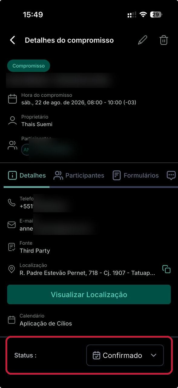 Tela de detalhes do compromisso no aplicativo, com o seletor de Status destacado no rodapé